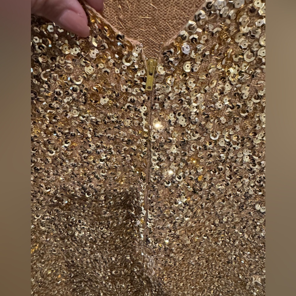 1960s Gene Shelly's Gold Sequin Keyhole Long Bell Sleeve Vintage Wool 60s Gown - Picture 10 of 17